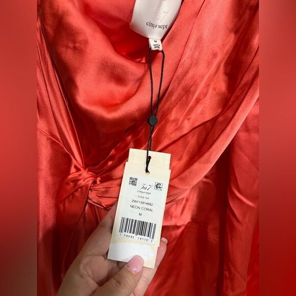 Cinq à Sept Stace Asymmetric Neck One Shoulder Silk Top Neon Coral - Picture 5 of 12